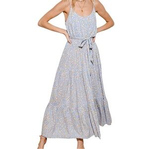 Lulus Sunny Bliss Light Blue Floral Print Tiered Maxi Dress Large